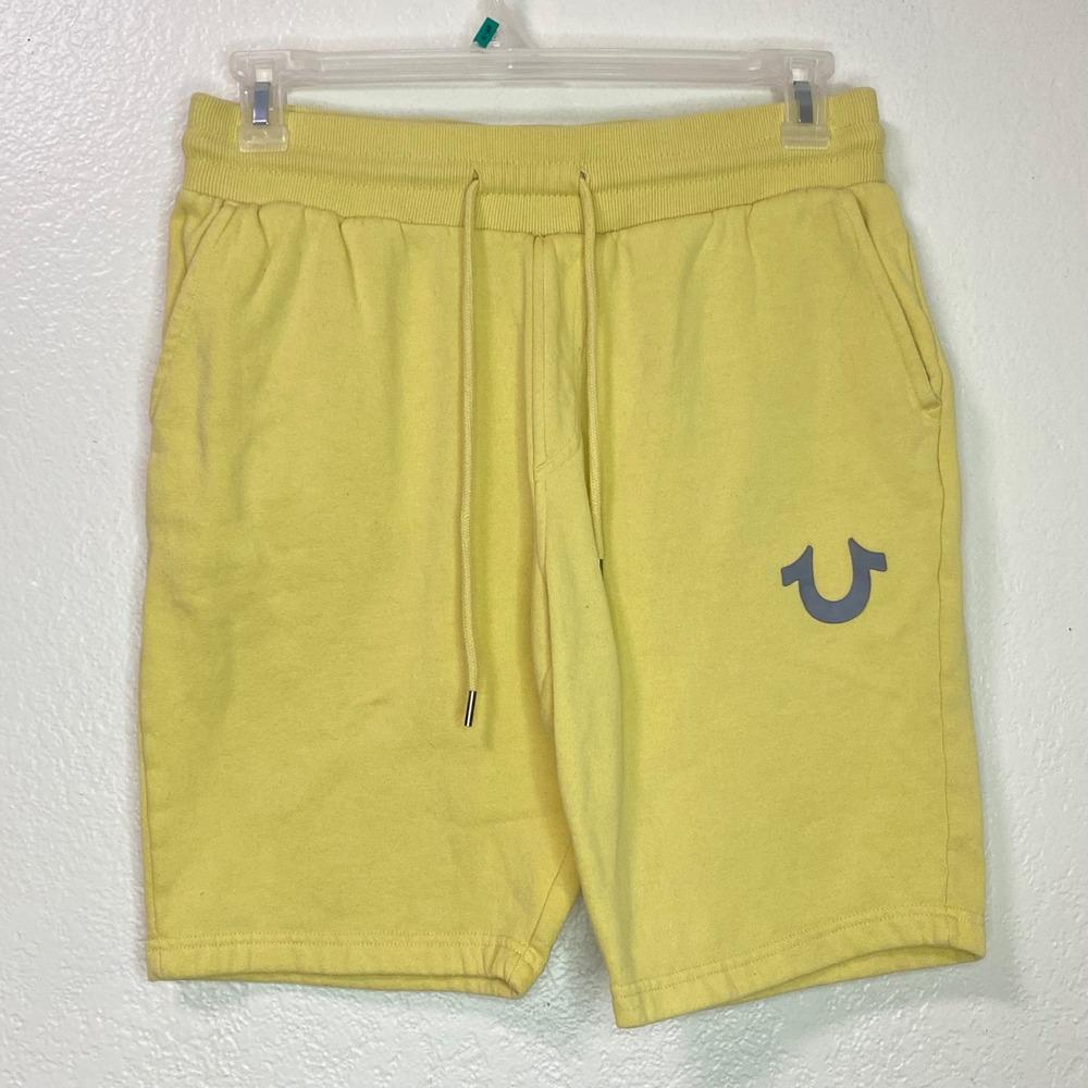 True Religion Mens Foil HS Short Yellow Horseshoe Logo Sweat Shorts Size Medium